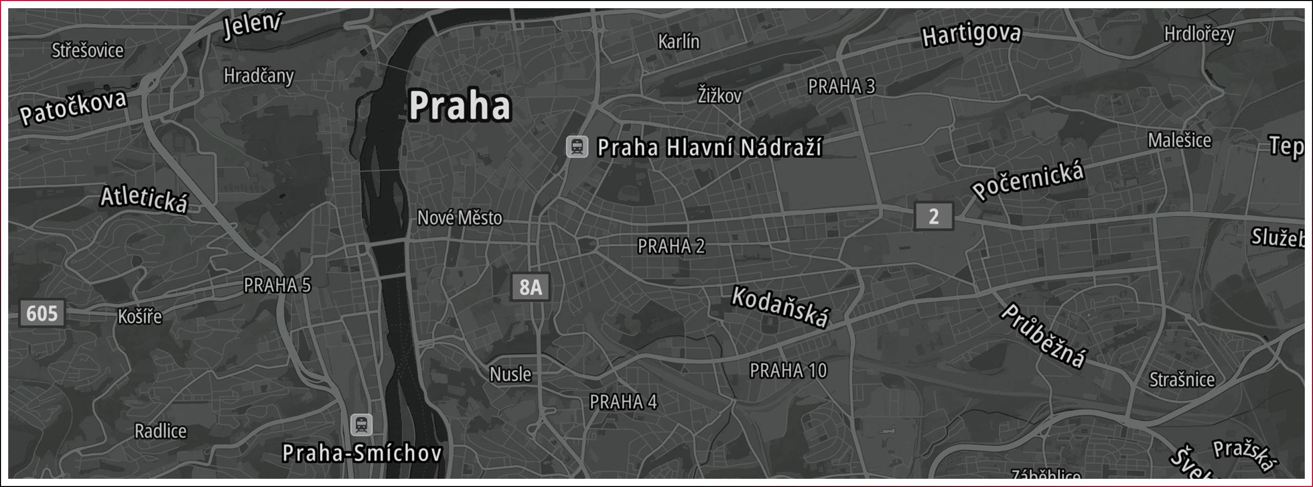 Černobílá mapa Prahy z Googlu s silnicemi a ulicemi.